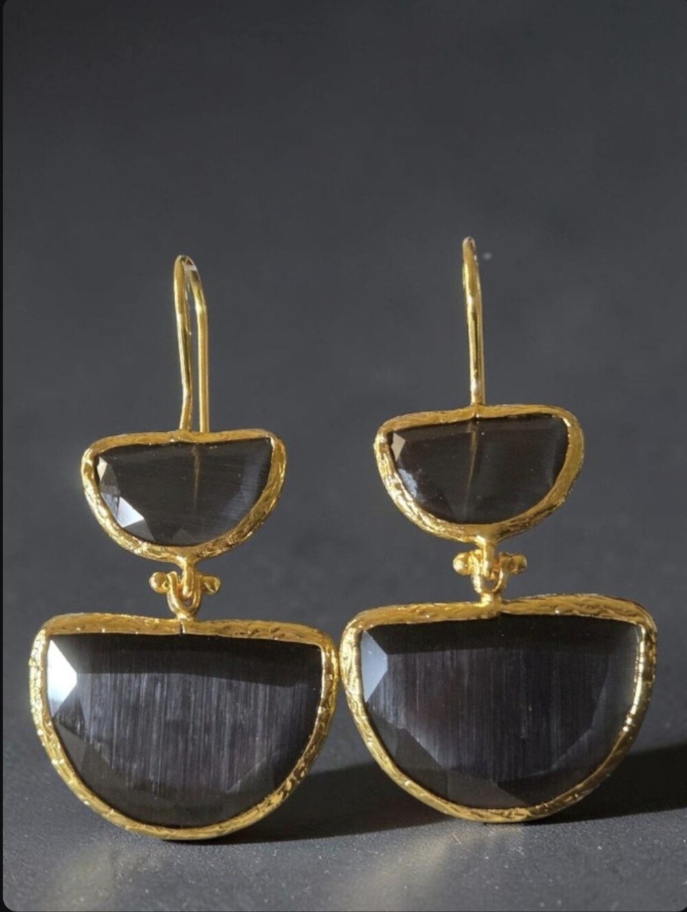 18k Gold Plated Smoky Onyx Cats Eye Crystal Stone Geometric Dangle Earrings